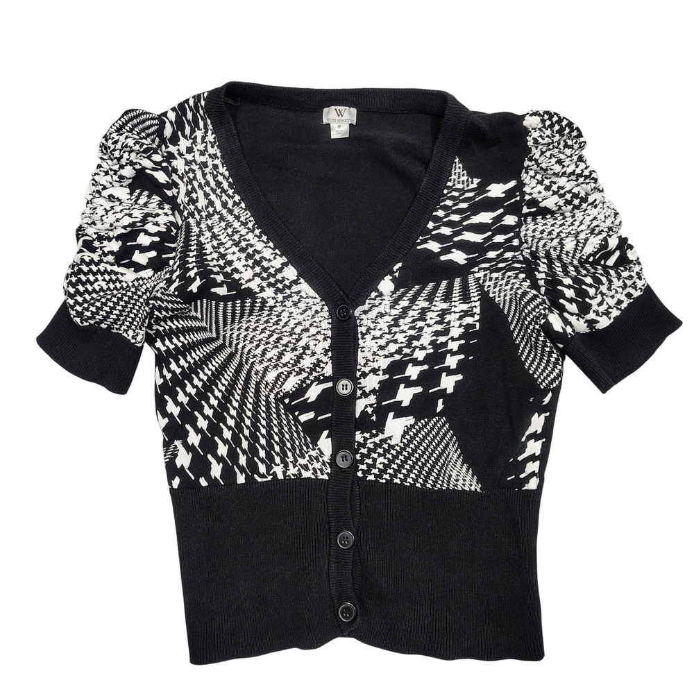 Worthington Cardigan Womens M Black White Houndstooth Puffed Short Sleeve Cotton